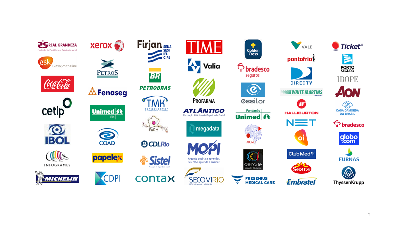 Client logos - Coca-Cola, Petrobras, Bradesco, Michelin, GlaxoSmithKline, Vale, Xerox, Firjan, and more
